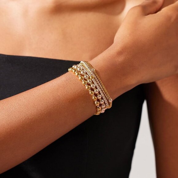 Layered Beaded Bracelets Set Gold Silver Plated Dainty Stretch Jewelry Gift - Picture 2 of 8